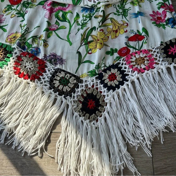 V Neck Kaftan Ruffle Sleeve Crochet Trim Bohemian Top With Fringe - Picture 9 of 13